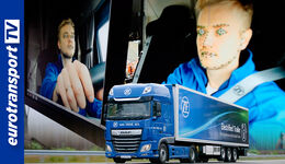 Bild-Collage mit einem Test-Lkw von ZF und einer virtuellen Erfassung des Gesichts vom Lkw-Fahrer.